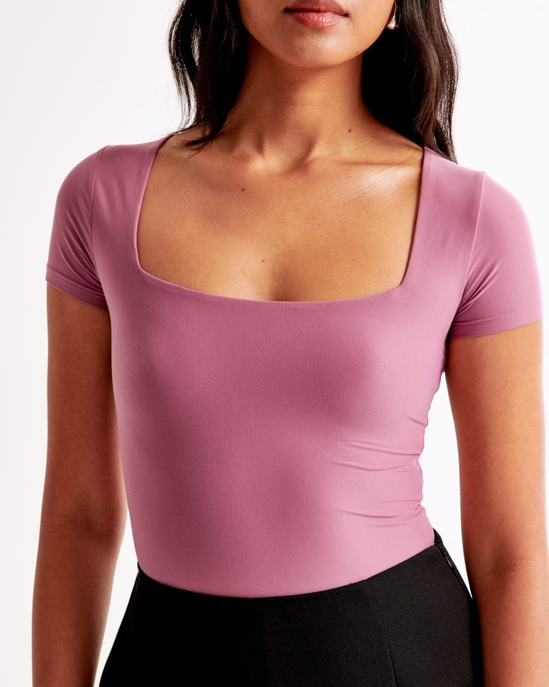Soft Matte Seamless Short-Sleeve Squareneck Bodysuit(purple,XXS)