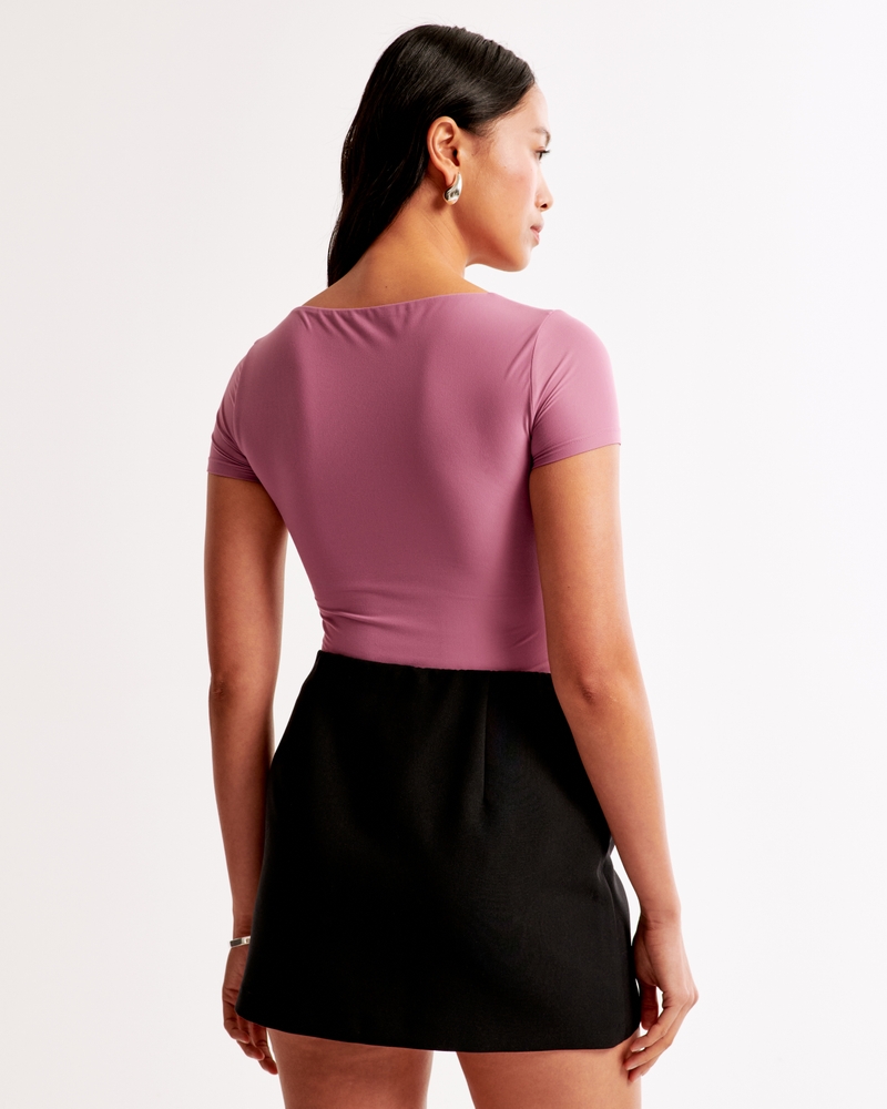Soft Matte Seamless Short-Sleeve Squareneck Bodysuit(purple,XXS)