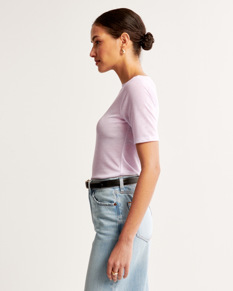 Sheer Half-Sleeve Slash Top(lavender,XXS)