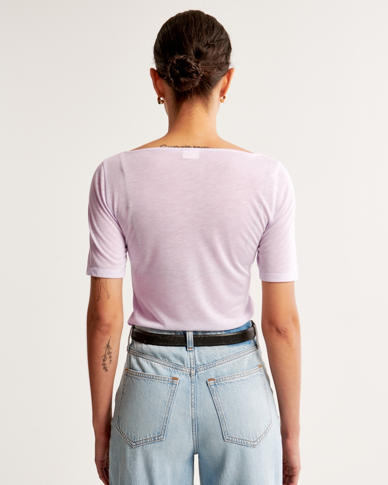 Sheer Half-Sleeve Slash Top(lavender,XXS)