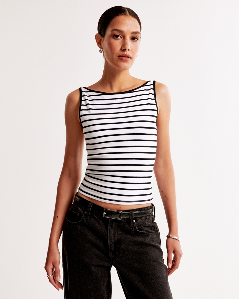 Cotton-Blend Seamless Fabric Boatneck Top(white stripe,XXS)