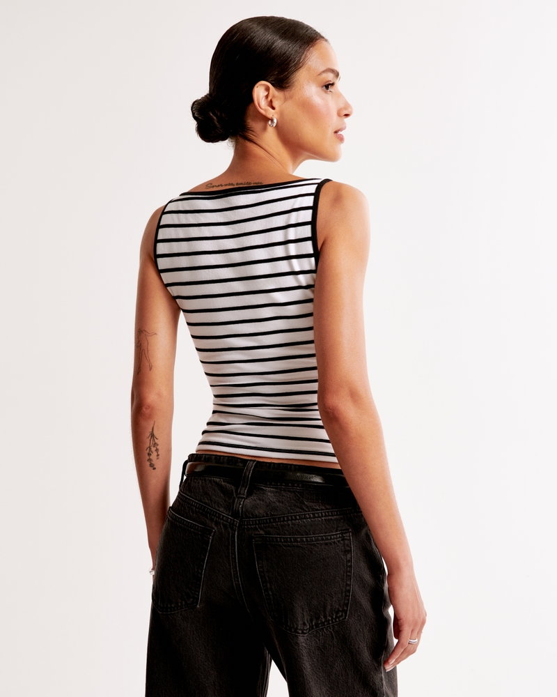 Cotton-Blend Seamless Fabric Boatneck Top(white stripe,XXS)
