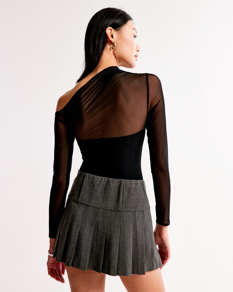 Long-Sleeve Asymmetrical Draped Mesh Bodysuit(black,XXS)