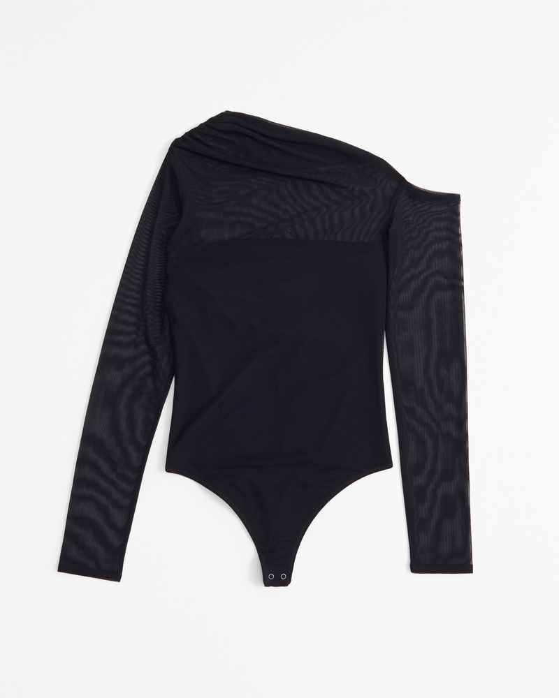Long-Sleeve Asymmetrical Draped Mesh Bodysuit(black,XXS)