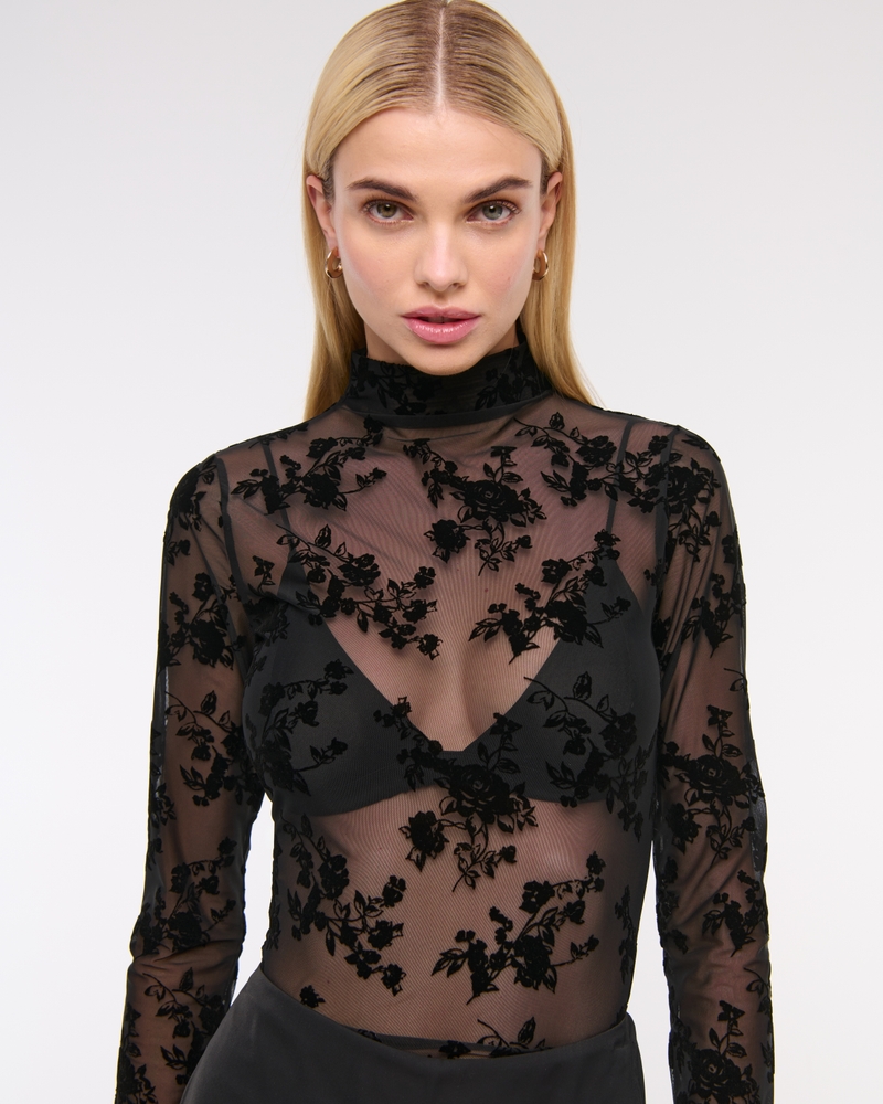 Long-Sleeve Mockneck Mesh Top(black,XXS)