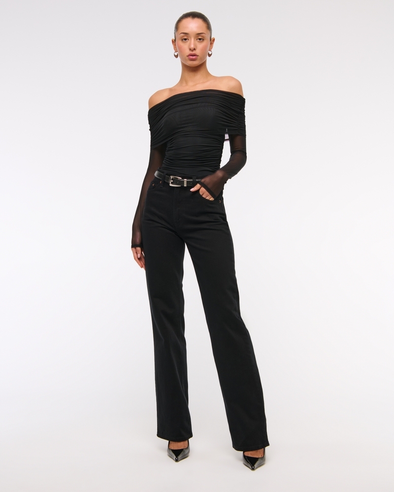 Long-Sleeve Mesh Foldover Bodysuit(black,XXS)