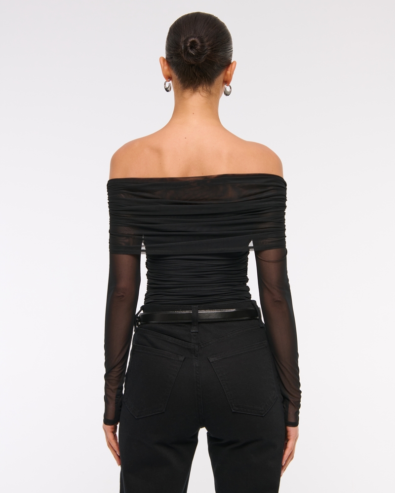Long-Sleeve Mesh Foldover Bodysuit(black,XXS)