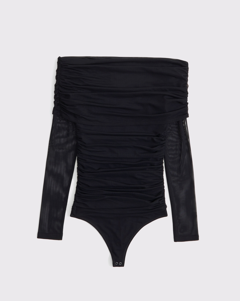Long-Sleeve Mesh Foldover Bodysuit(black,XXS)