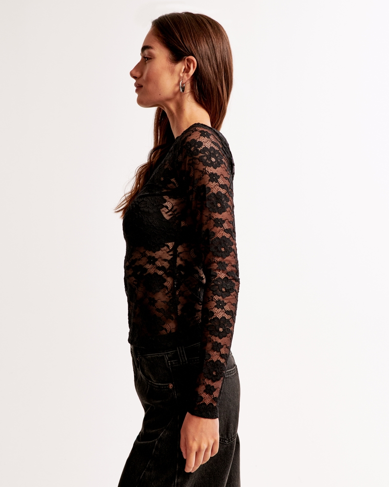 Long-Sleeve Lace Slash Top(black,XXS)