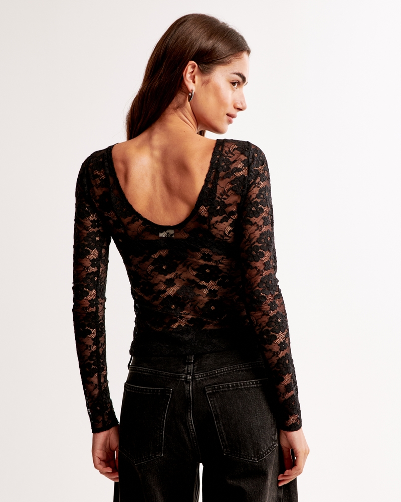 Long-Sleeve Lace Slash Top(black,XXS)
