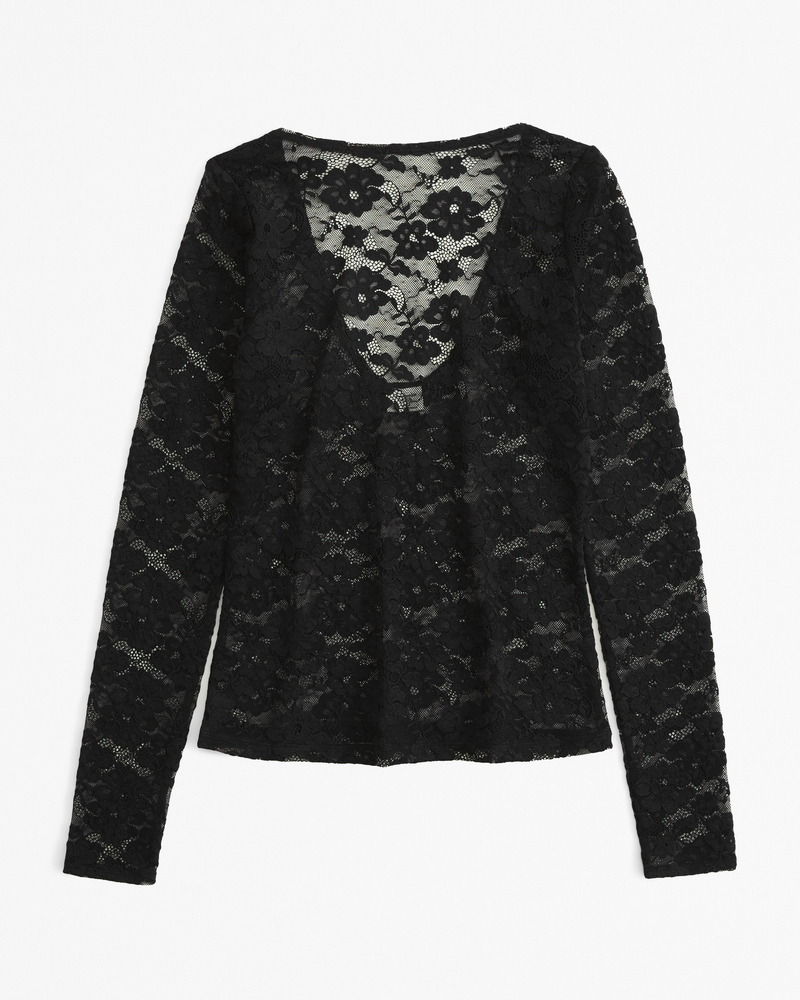 Long-Sleeve Lace Slash Top(black,XXS)