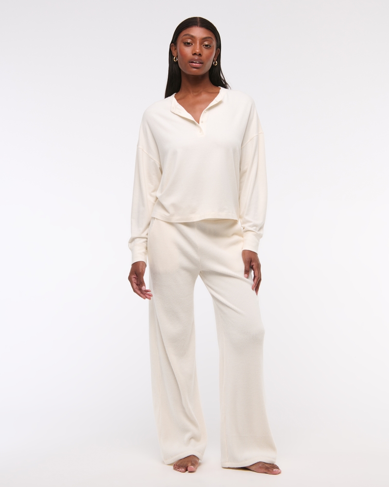 Long-Sleeve Cozy Lounge Knit Oversized Henley Top(cream,XXS)