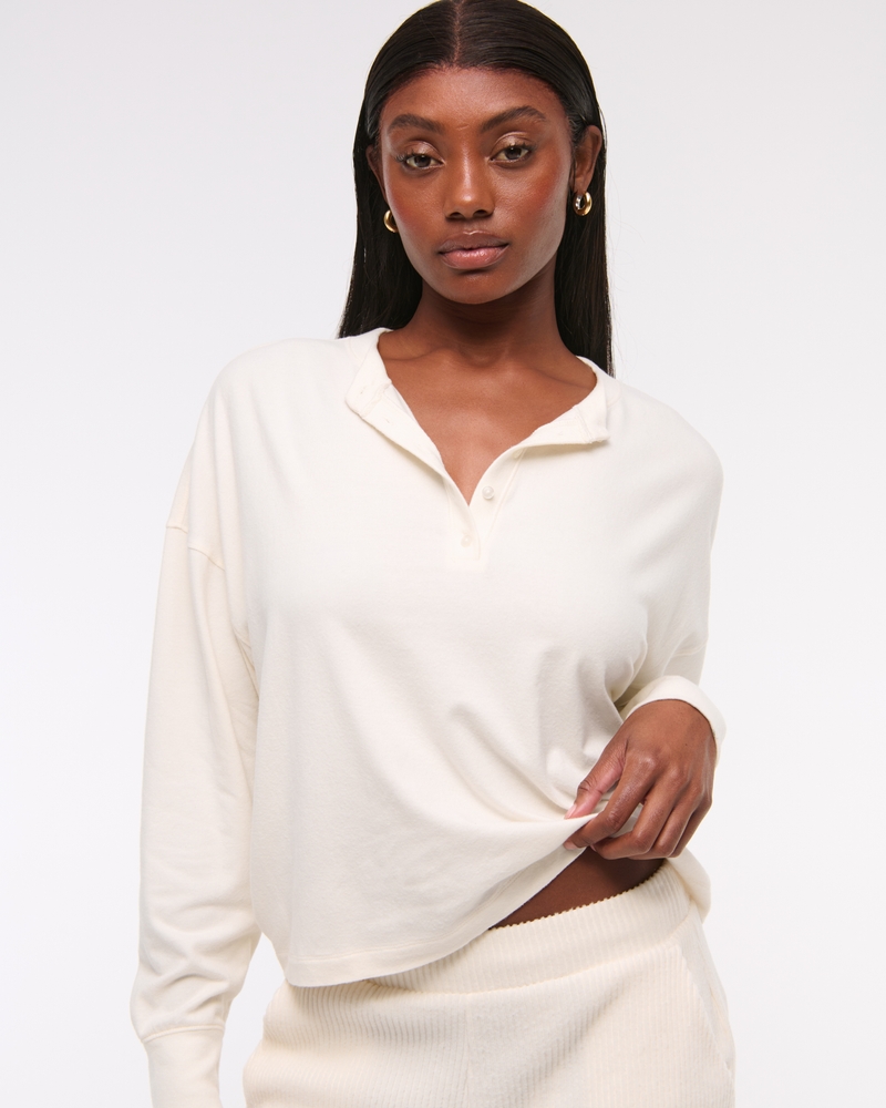 Long-Sleeve Cozy Lounge Knit Oversized Henley Top(cream,XXS)