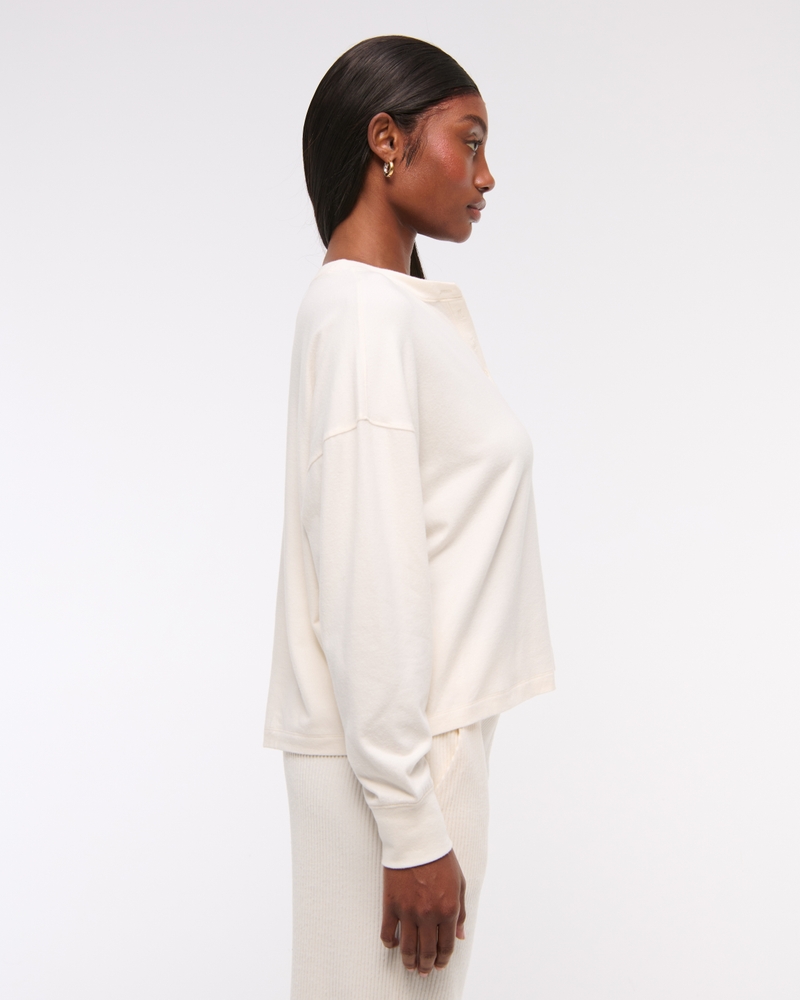 Long-Sleeve Cozy Lounge Knit Oversized Henley Top(cream,XXS)