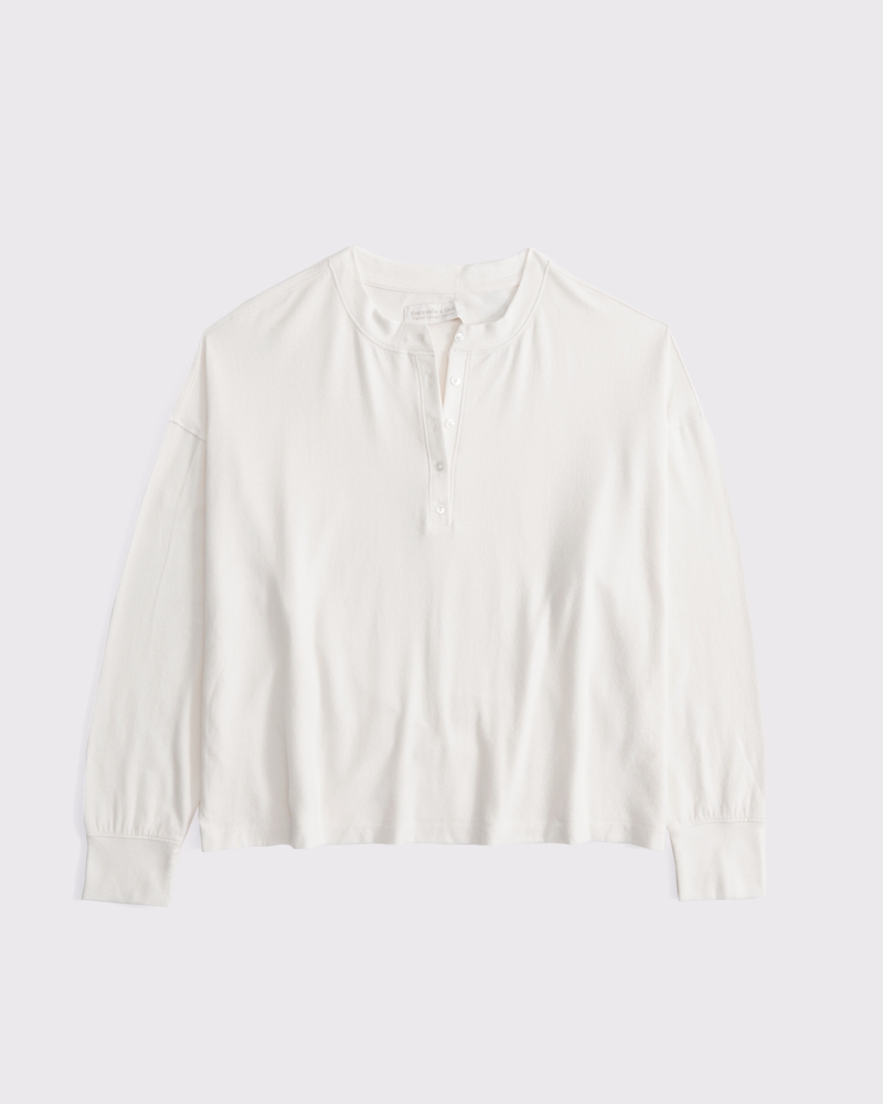 Long-Sleeve Cozy Lounge Knit Oversized Henley Top(cream,XXS)