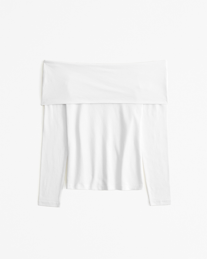 Long-Sleeve Cotton-Blend Seamless Fabric Tuckable Off-The-Shoulder Top