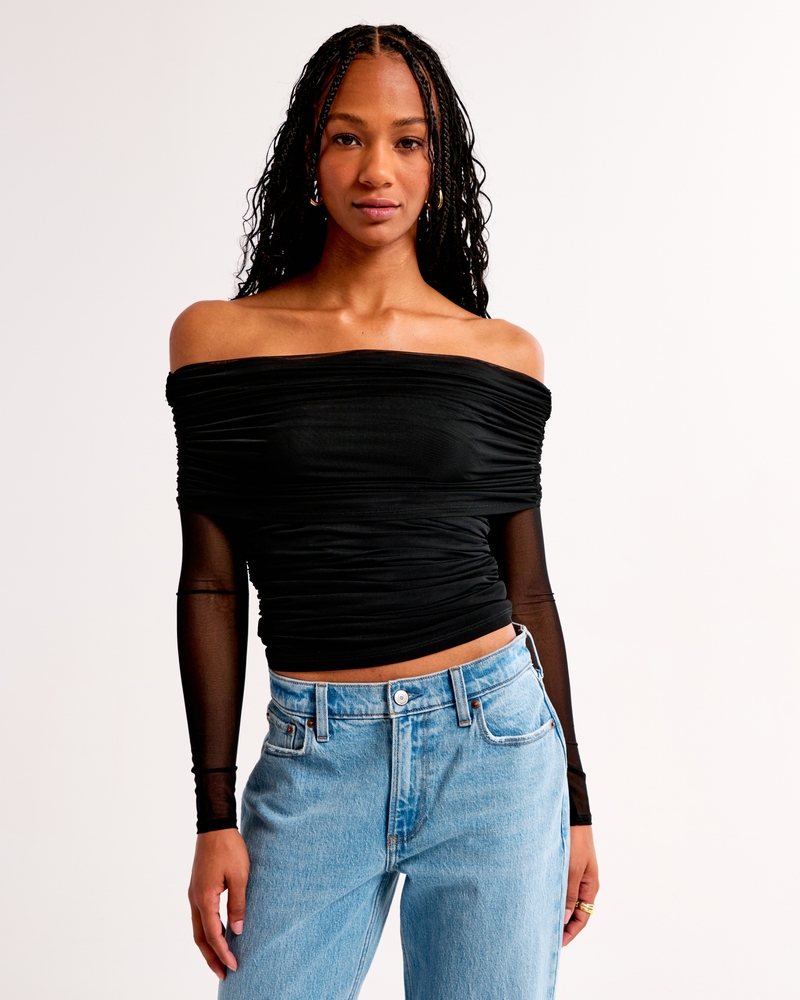 Long-Sleeve Off-The-Shoulder Mesh Top(black,XXS)