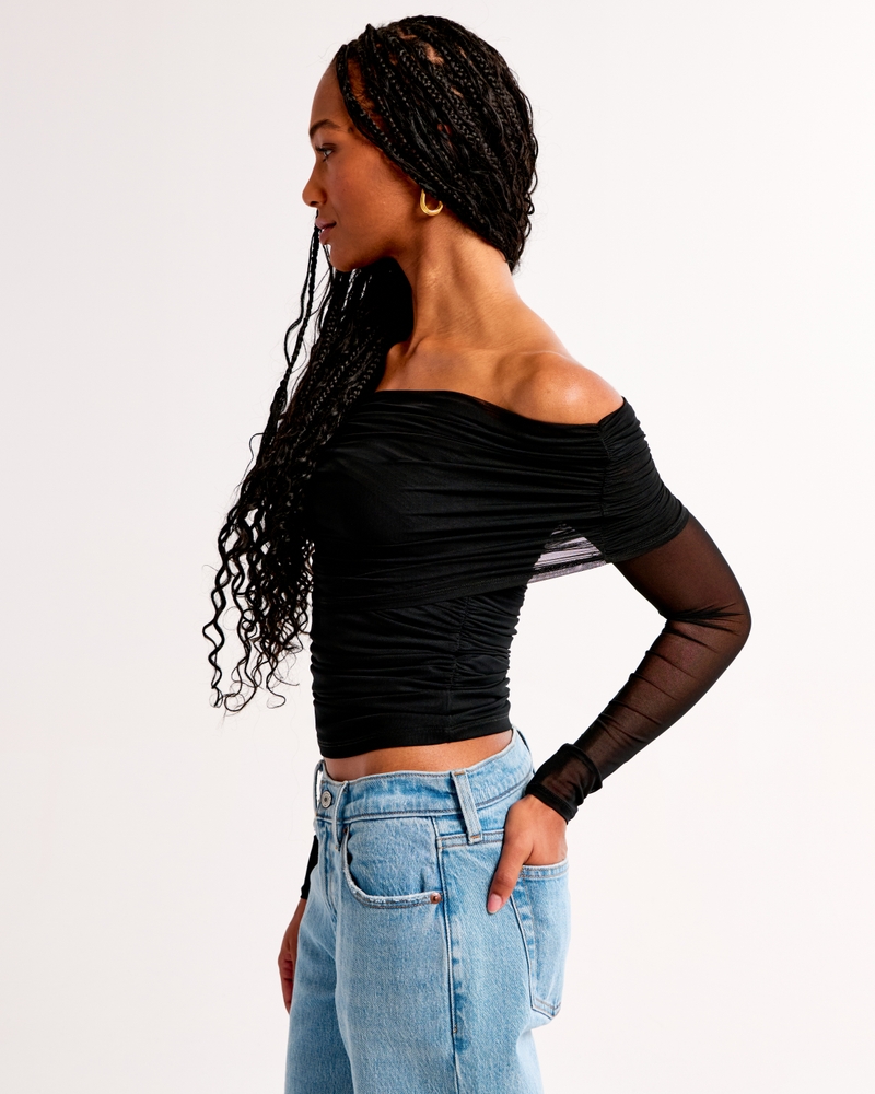 Long-Sleeve Off-The-Shoulder Mesh Top(black,XXS)