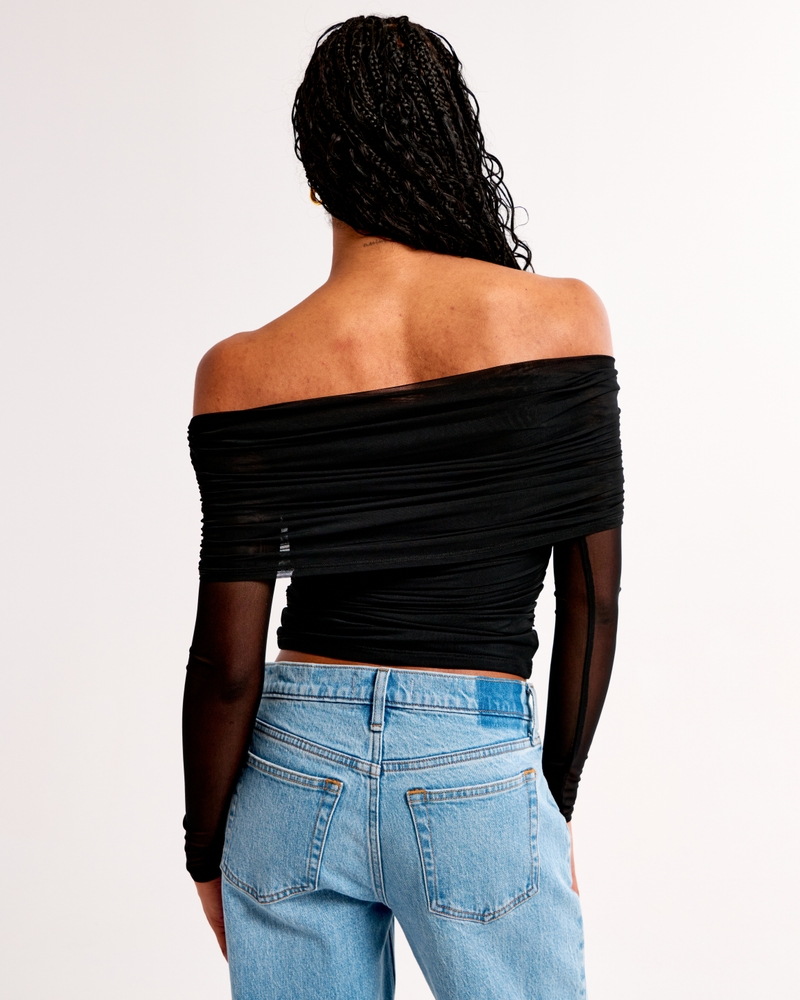 Long-Sleeve Off-The-Shoulder Mesh Top(black,XXS)