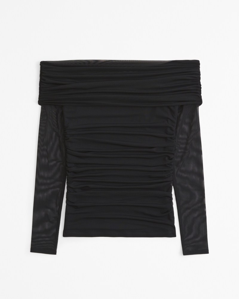 Long-Sleeve Off-The-Shoulder Mesh Top(black,XXS)