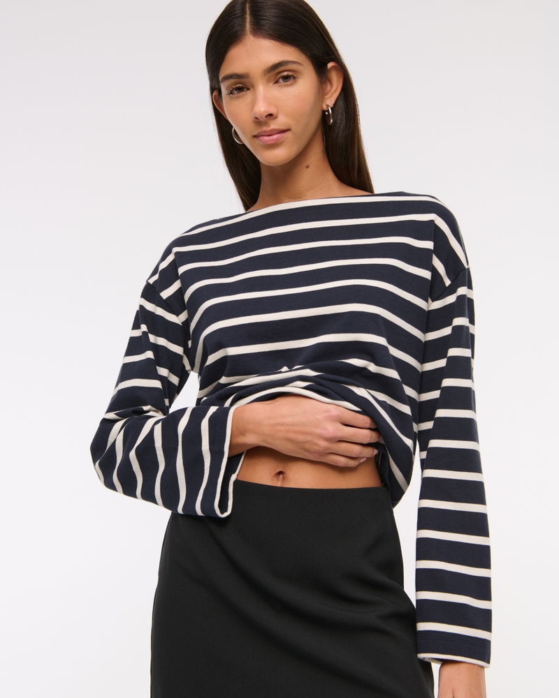 Long-Sleeve Heavyweight Jersey Slash Tee(navy stripe,XXS)