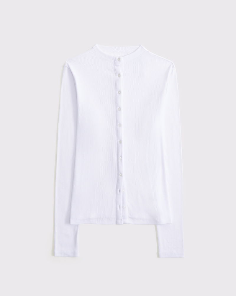 Long-Sleeve Mockneck Button-Through Top