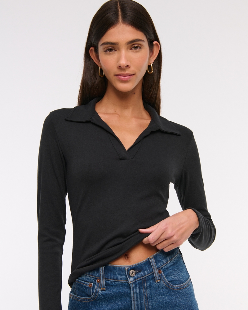 Long-Sleeve V-Neck Collared Top(black,XXS)