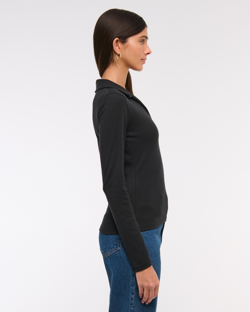 Long-Sleeve V-Neck Collared Top(black,XXS)
