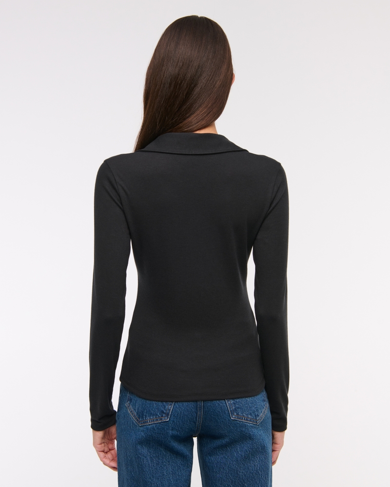 Long-Sleeve V-Neck Collared Top(black,XXS)