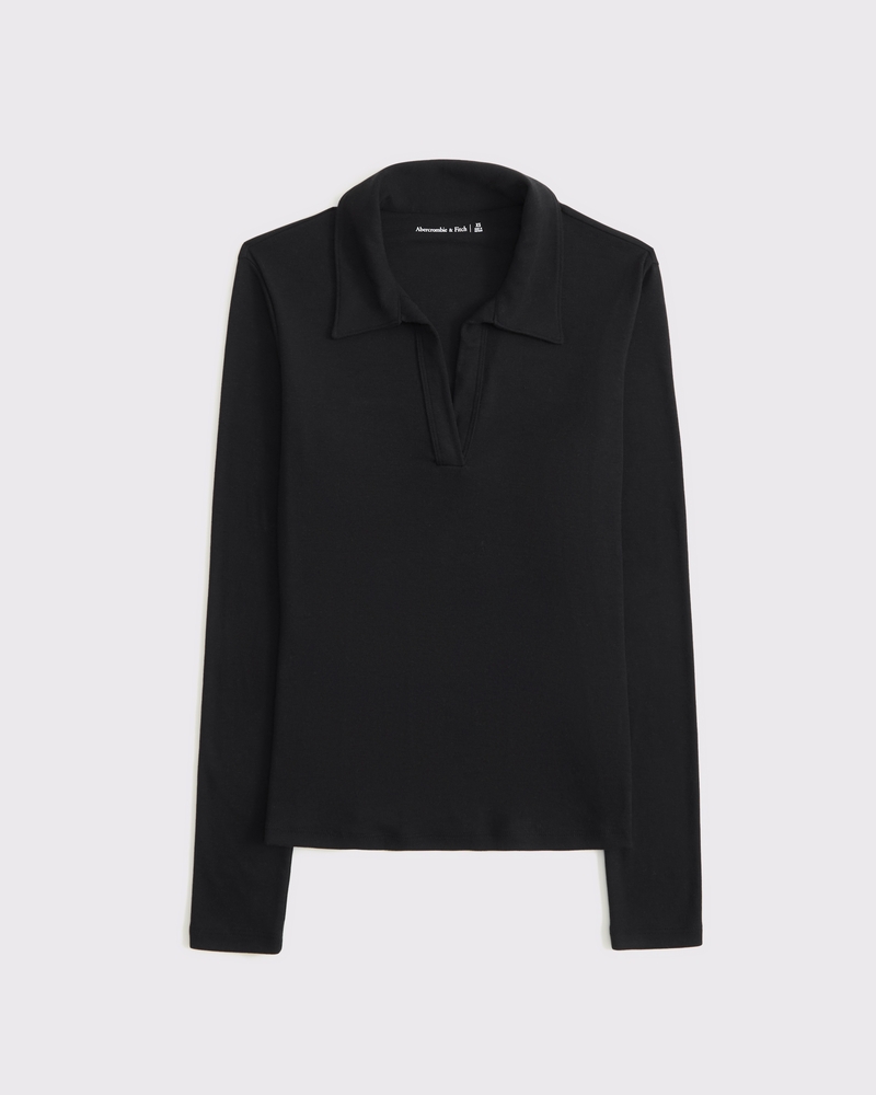 Long-Sleeve V-Neck Collared Top(black,XXS)