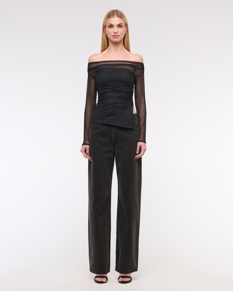 Off-The-Shoulder Draped Mesh Top(black,XXS)