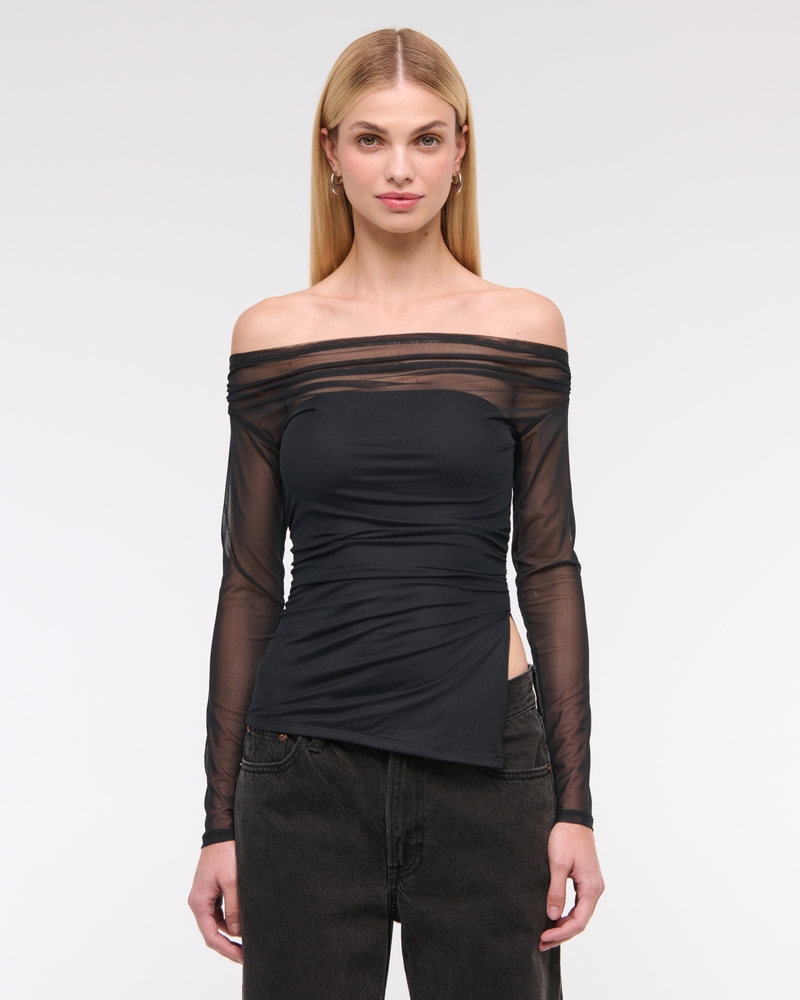 Off-The-Shoulder Draped Mesh Top(black,XXS)