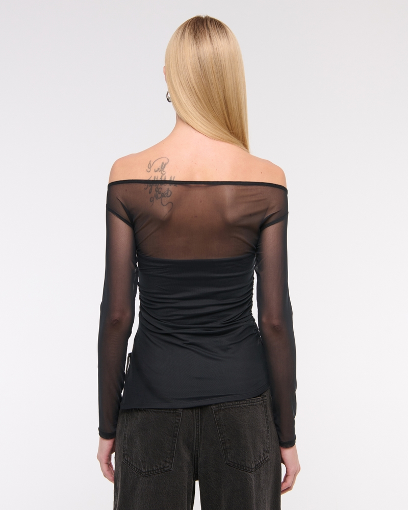 Off-The-Shoulder Draped Mesh Top(black,XXS)