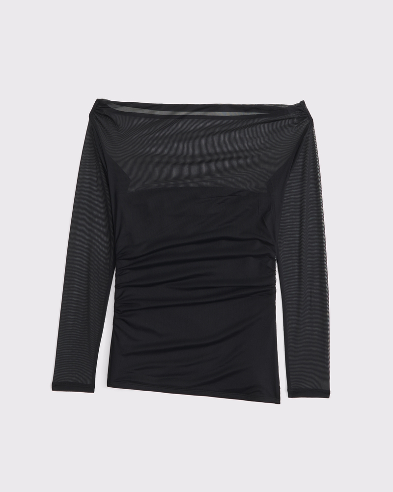 Off-The-Shoulder Draped Mesh Top(black,XXS)