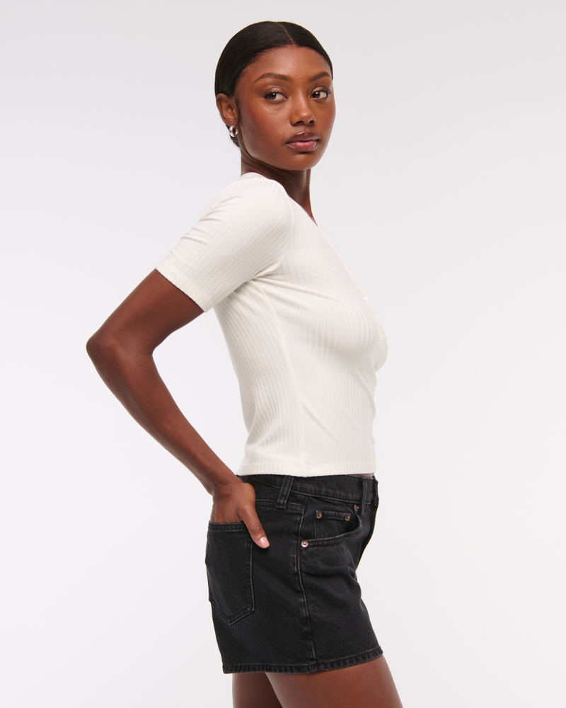 Half-Sleeve Henley Top(cream,XXS)