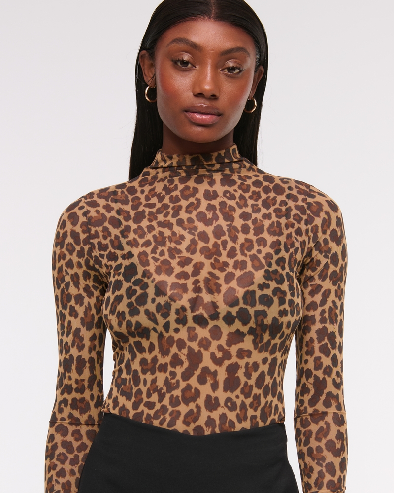 Long-Sleeve Mesh Mockneck Top(leopard,XXS)