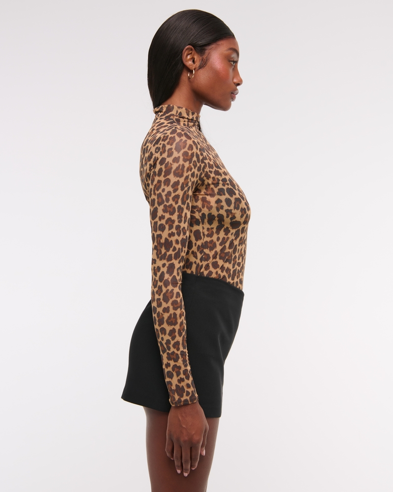 Long-Sleeve Mesh Mockneck Top(leopard,XXS)