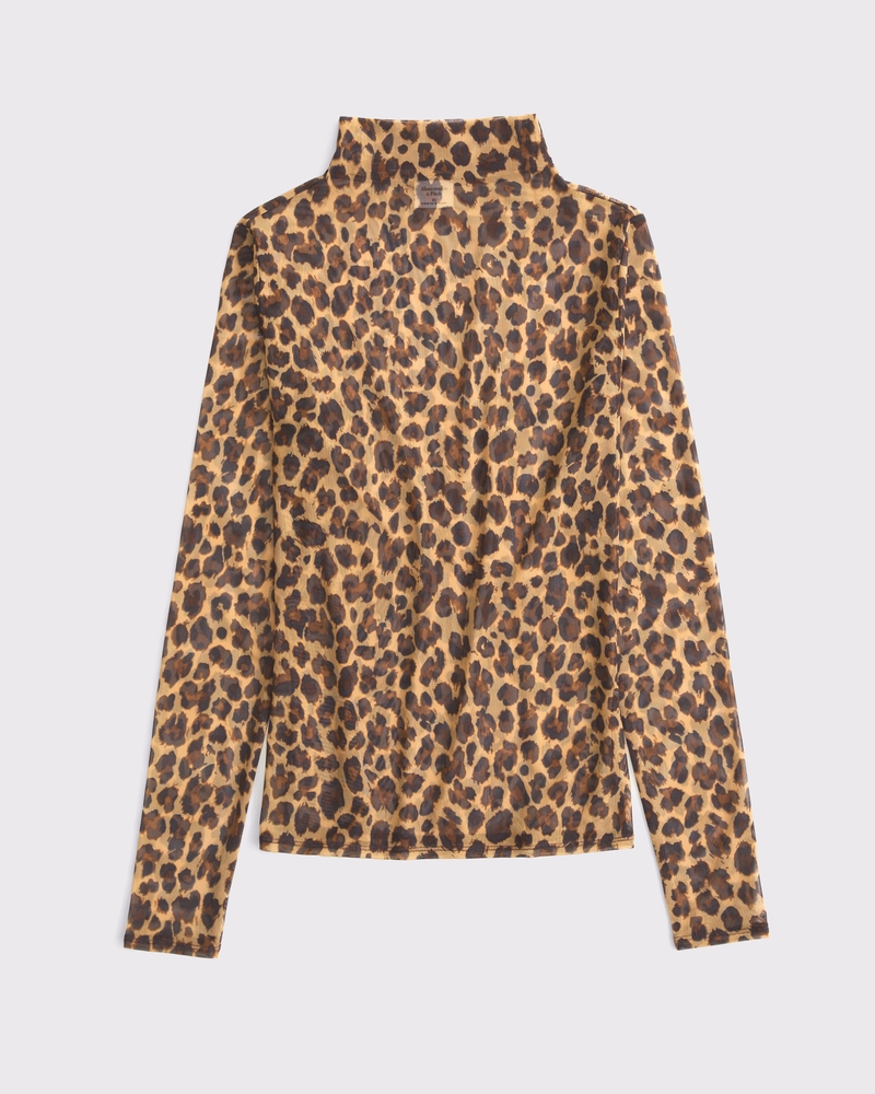 Long-Sleeve Mesh Mockneck Top(leopard,XXS)