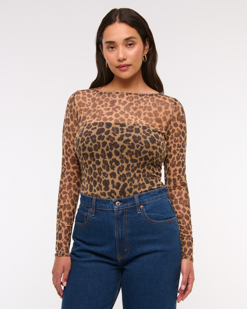 Long-Sleeve Mesh Slash Bodysuit