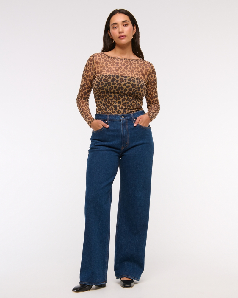 Long-Sleeve Mesh Slash Bodysuit(leopard,XXS)