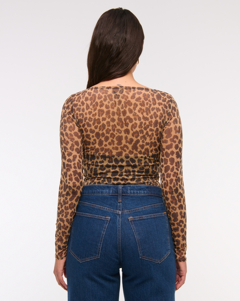 Long-Sleeve Mesh Slash Bodysuit(leopard,XXS)