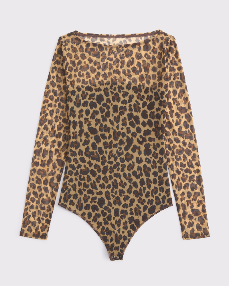 Long-Sleeve Mesh Slash Bodysuit(leopard,XXS)