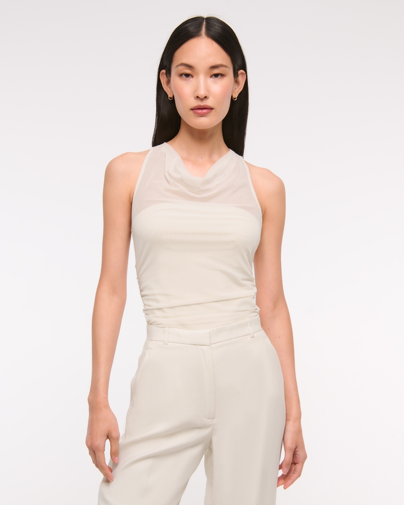 Mesh Cowl Neck Bodysuit(warm beige,XXS)