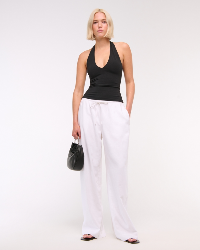 Cotton-Blend Seamless Fabric Halter Top(black,XXS)