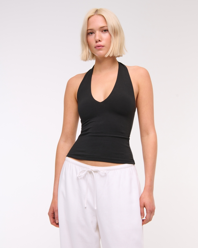 Cotton-Blend Seamless Fabric Halter Top(black,XXS)