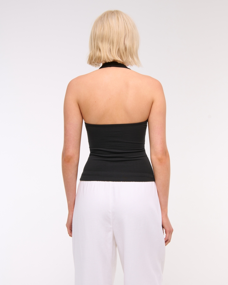 Cotton-Blend Seamless Fabric Halter Top(black,XXS)