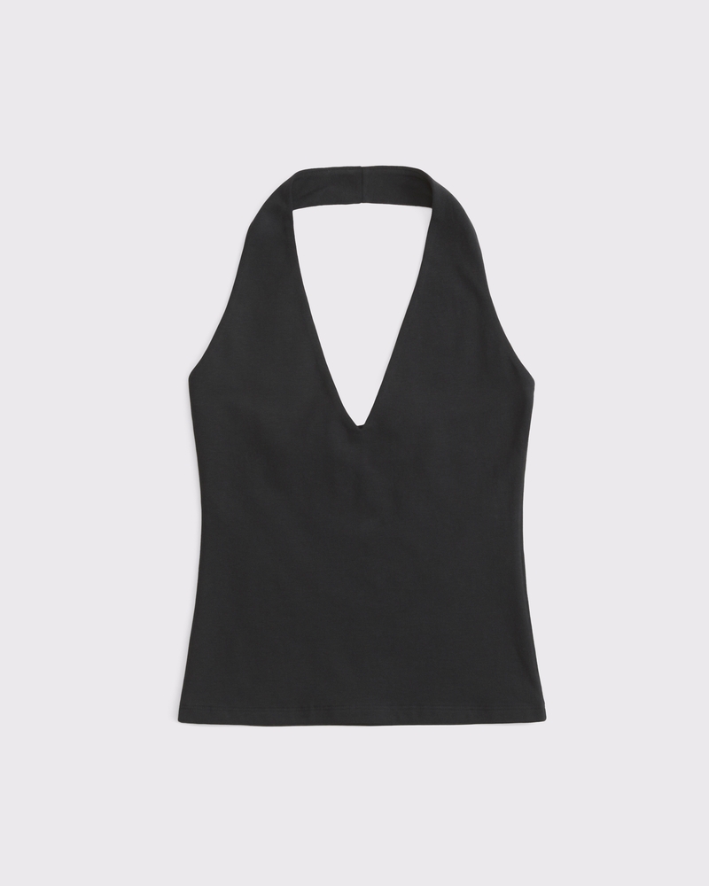 Cotton-Blend Seamless Fabric Halter Top(black,XXS)