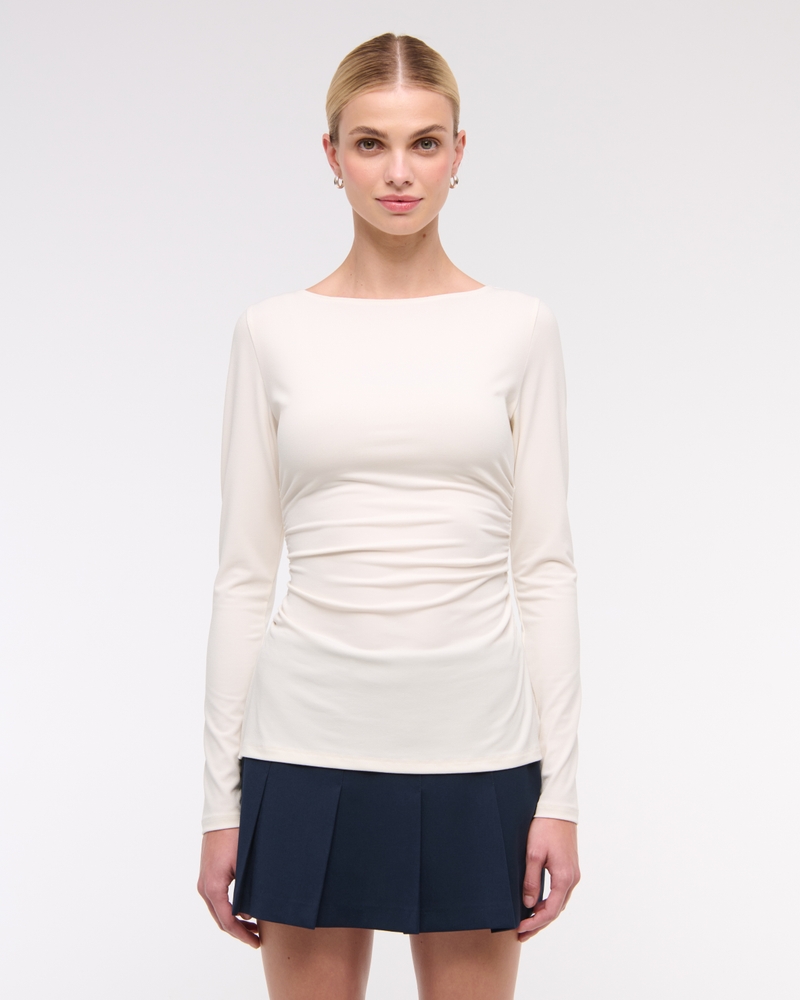 Long-Sleeve Stretch Crepe Slash Top(cream,XXS)