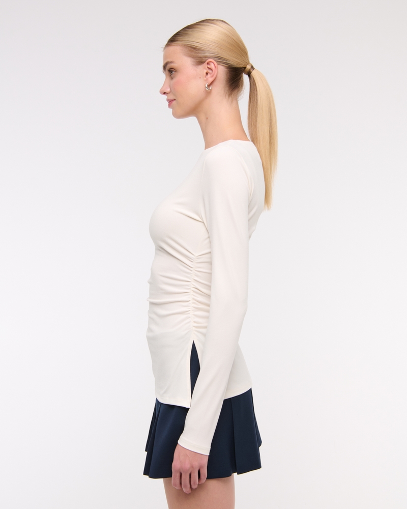 Long-Sleeve Stretch Crepe Slash Top(cream,XXS)