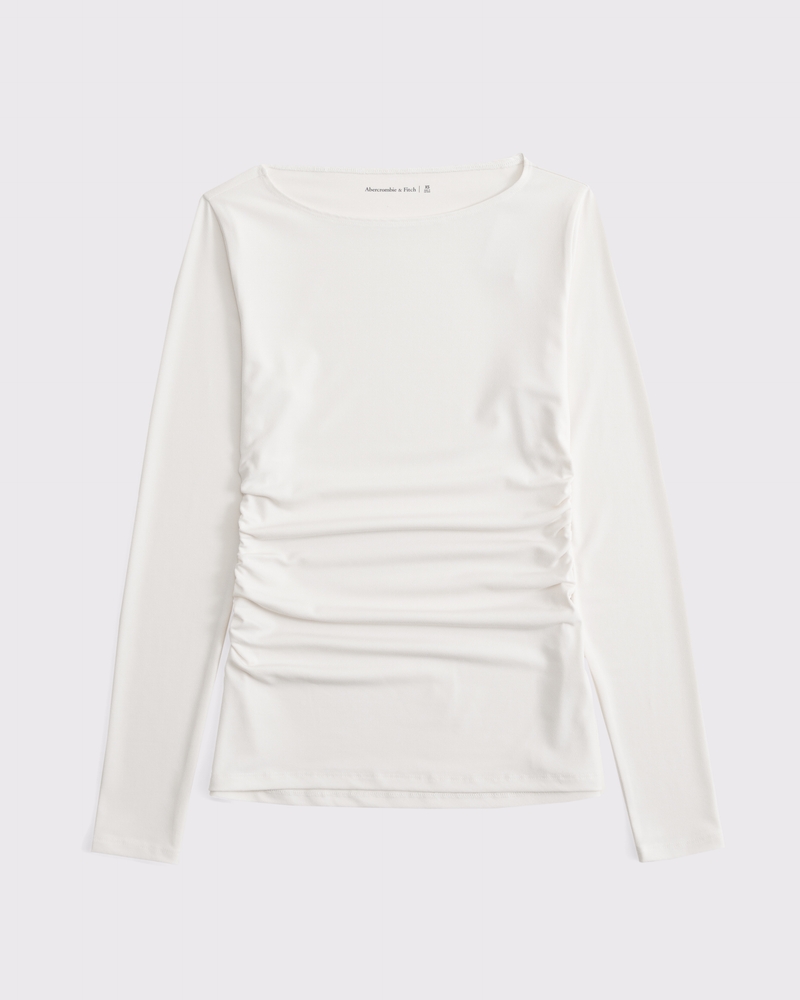 Long-Sleeve Stretch Crepe Slash Top(cream,XXS)